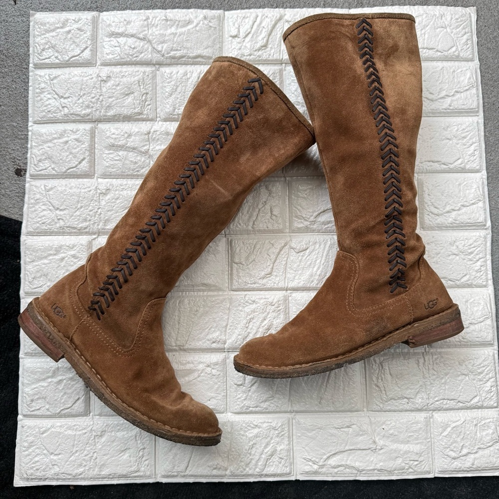 Women Ugg Boots Sz 7 Wilder Tall Brown Suede Side Zip 1008967 Stitch Australia